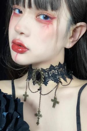 Gothic Dark Lolita Lace Cross Choker Necklace - Punk Collar for Women, Halloween Style, Vintage-Inspired Accessory