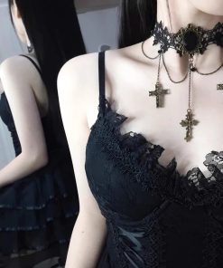 Gothic Dark Lolita Lace Cross Choker Necklace - Punk Collar for Women, Halloween Style, Vintage-Inspired Accessory