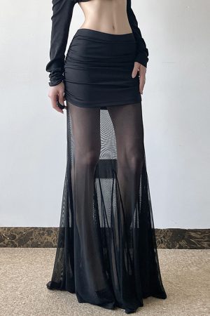 Gothic Style Pleated Mesh Spliced Skirt - Sheer Dark Long Skirt for a Supermodel Proportion Look, Perfect for Y2K and Alternative Fashion
