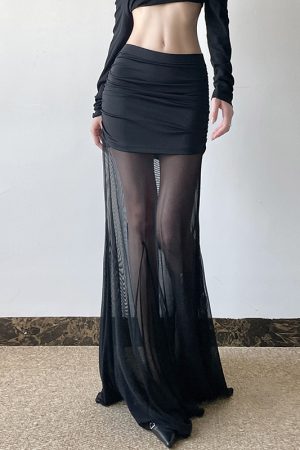 Gothic Style Pleated Mesh Spliced Skirt - Sheer Dark Long Skirt for a Supermodel Proportion Look, Perfect for Y2K and Alternative Fashion