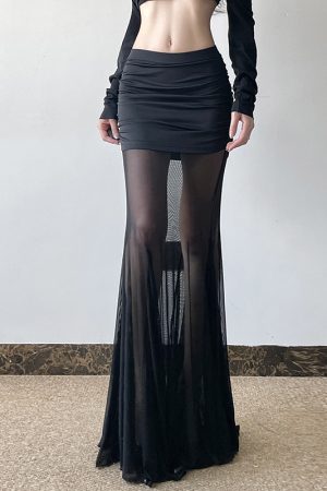 Gothic Style Pleated Mesh Spliced Skirt - Sheer Dark Long Skirt for a Supermodel Proportion Look, Perfect for Y2K and Alternative Fashion