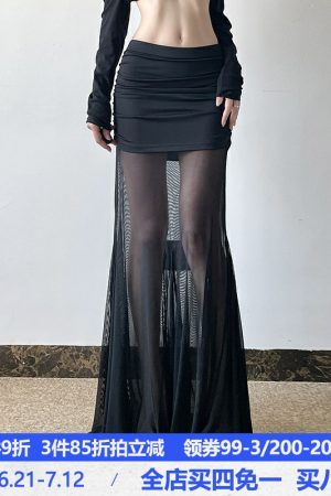 Gothic Style Pleated Mesh Spliced Skirt - Sheer Dark Long Skirt for a Supermodel Proportion Look, Perfect for Y2K and Alternative Fashion