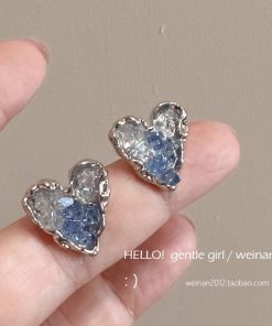 Gradient Blue Crystal Heart Stud Earrings for Women - 2025 Trendy No-Hole Ear Clips, Mosquito Coil Plate Design, Fashion Accessories