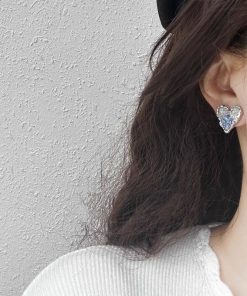 Gradient Blue Crystal Heart Stud Earrings for Women - 2025 Trendy No-Hole Ear Clips, Mosquito Coil Plate Design, Fashion Accessories