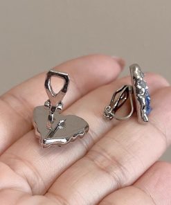 Gradient Blue Crystal Heart Stud Earrings for Women - 2025 Trendy No-Hole Ear Clips, Mosquito Coil Plate Design, Fashion Accessories
