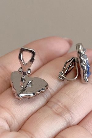 Gradient Blue Crystal Heart Stud Earrings for Women - 2025 Trendy No-Hole Ear Clips, Mosquito Coil Plate Design, Fashion Accessories