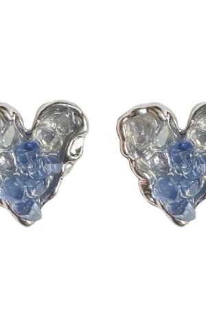 Gradient Blue Crystal Heart Stud Earrings for Women - 2025 Trendy No-Hole Ear Clips, Mosquito Coil Plate Design, Fashion Accessories