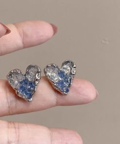 Gradient Blue Crystal Heart Stud Earrings for Women - 2025 Trendy No-Hole Ear Clips, Mosquito Coil Plate Design, Fashion Accessories