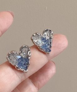 Gradient Blue Crystal Heart Stud Earrings for Women - 2025 Trendy No-Hole Ear Clips, Mosquito Coil Plate Design, Fashion Accessories