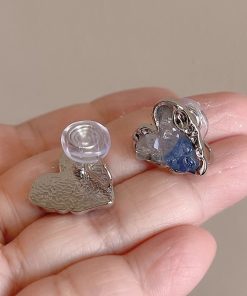 Gradient Blue Crystal Heart Stud Earrings for Women - 2025 Trendy No-Hole Ear Clips, Mosquito Coil Plate Design, Fashion Accessories