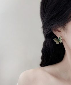Gradient Green Crystal Butterfly Earrings for Women - Trendy 2025 Sweet Temperament Mosquito Coil Ear Clips