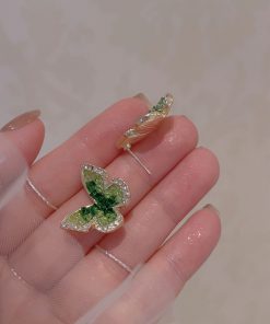 Gradient Green Crystal Butterfly Earrings for Women - Trendy 2025 Sweet Temperament Mosquito Coil Ear Clips