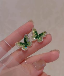 Gradient Green Crystal Butterfly Earrings for Women - Trendy 2025 Sweet Temperament Mosquito Coil Ear Clips