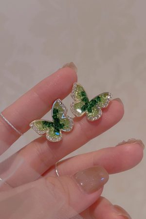 Gradient Green Crystal Butterfly Earrings for Women - Trendy 2025 Sweet Temperament Mosquito Coil Ear Clips
