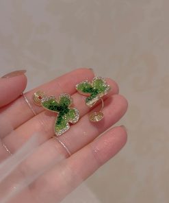 Gradient Green Crystal Butterfly Earrings for Women - Trendy 2025 Sweet Temperament Mosquito Coil Ear Clips