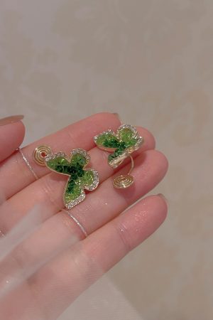 Gradient Green Crystal Butterfly Earrings for Women - Trendy 2025 Sweet Temperament Mosquito Coil Ear Clips