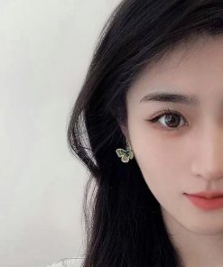 Gradient Green Crystal Butterfly Earrings for Women - Trendy 2025 Sweet Temperament Mosquito Coil Ear Clips