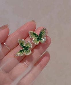 Gradient Green Crystal Butterfly Earrings for Women - Trendy 2025 Sweet Temperament Mosquito Coil Ear Clips