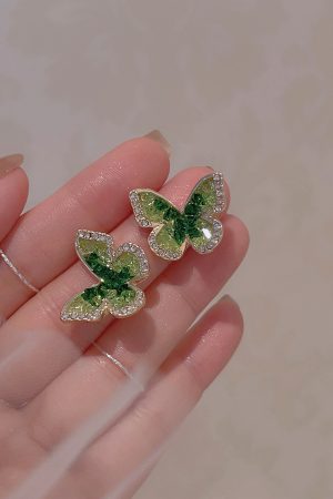 Gradient Green Crystal Butterfly Earrings for Women - Trendy 2025 Sweet Temperament Mosquito Coil Ear Clips
