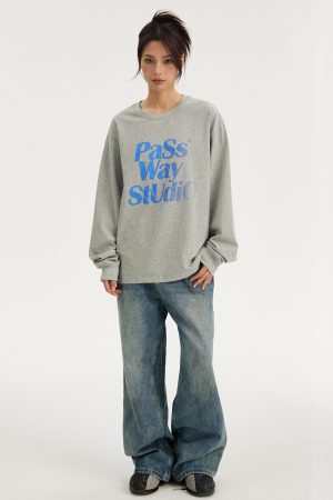 Gradient Logo Trendy Long Sleeve Sweatshirt for Couples - Casual Versatile Spring Summer Fashion Top - Y2K Style