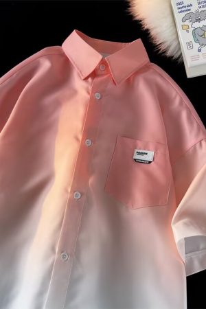Gradient Pink and White Ice Silk Short-Sleeve Shirt for Men, High-End Five-Point Sleeve Summer Jacket, Fashionable Couple Style
