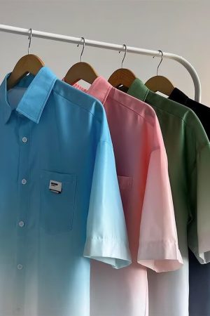 Gradient Pink and White Ice Silk Short-Sleeve Shirt for Men, High-End Five-Point Sleeve Summer Jacket, Fashionable Couple Style