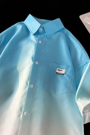 Gradient Pink and White Ice Silk Short-Sleeve Shirt for Men, High-End Five-Point Sleeve Summer Jacket, Fashionable Couple Style