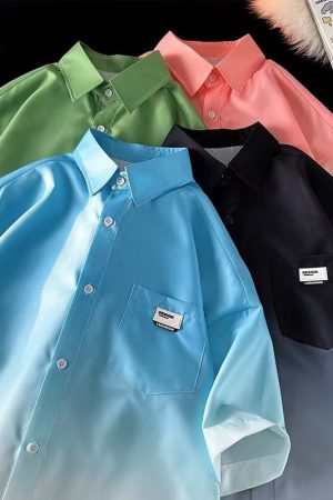 Gradient Pink and White Ice Silk Short-Sleeve Shirt for Men, High-End Five-Point Sleeve Summer Jacket, Fashionable Couple Style