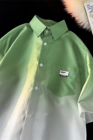 Gradient Pink and White Ice Silk Short-Sleeve Shirt for Men, High-End Five-Point Sleeve Summer Jacket, Fashionable Couple Style