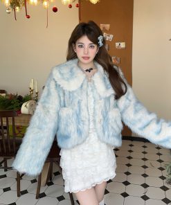 Gradient Sweet Blue Fur Short Coat with Detachable Winter Doll Collar + White Dress - Cozy Y2K Style Fashion Ensemble