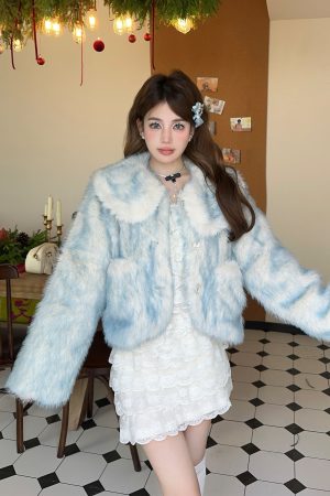 Gradient Sweet Blue Fur Short Coat with Detachable Winter Doll Collar + White Dress - Cozy Y2K Style Fashion Ensemble