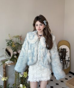 Gradient Sweet Blue Fur Short Coat with Detachable Winter Doll Collar + White Dress - Cozy Y2K Style Fashion Ensemble