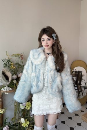 Gradient Sweet Blue Fur Short Coat with Detachable Winter Doll Collar + White Dress - Cozy Y2K Style Fashion Ensemble