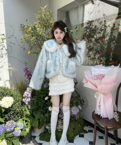 Gradient Sweet Blue Fur Short Coat with Detachable Winter Doll Collar + White Dress - Cozy Y2K Style Fashion Ensemble