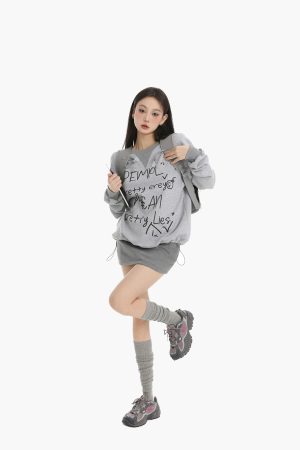 Graffiti Letter Print Short Sweatshirt and Pleated Skirt Two-Piece Set for Women - Trendy Spring Fashion Outfit