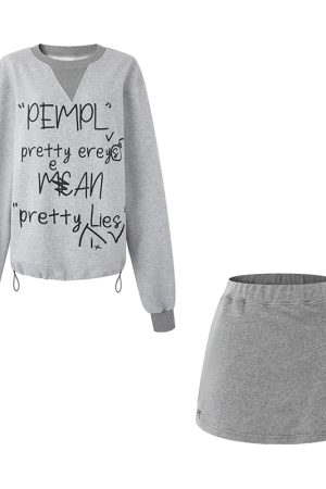 Graffiti Letter Print Short Sweatshirt and Pleated Skirt Two-Piece Set for Women - Trendy Spring Fashion Outfit