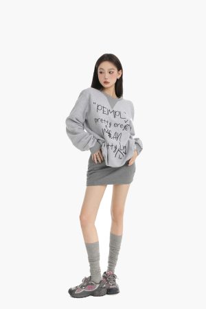 Graffiti Letter Print Short Sweatshirt and Pleated Skirt Two-Piece Set for Women - Trendy Spring Fashion Outfit