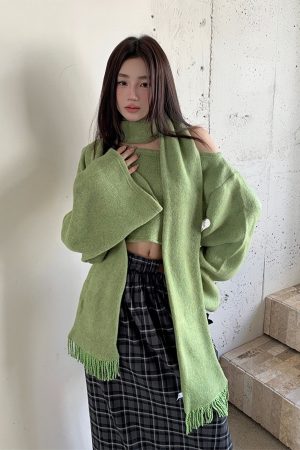Grass Green Off-Shoulder Cropped Knitted Sweater with Embroidery and Casual Straight Skirt for Women - Y2K Fashion Style