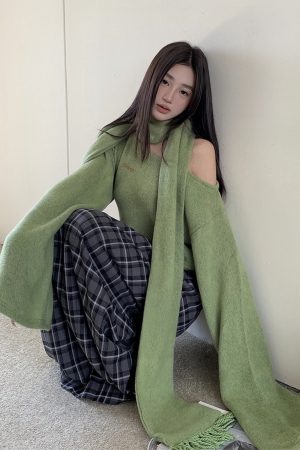 Grass Green Off-Shoulder Cropped Knitted Sweater with Embroidery and Casual Straight Skirt for Women - Y2K Fashion Style
