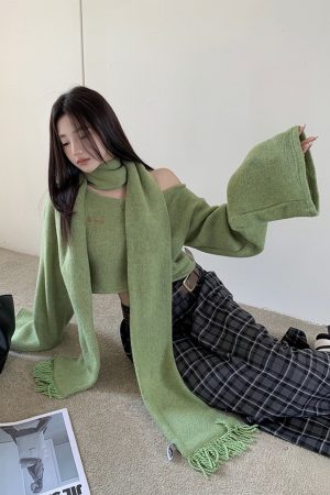 Grass Green Off-Shoulder Cropped Knitted Sweater with Embroidery and Casual Straight Skirt for Women - Y2K Fashion Style