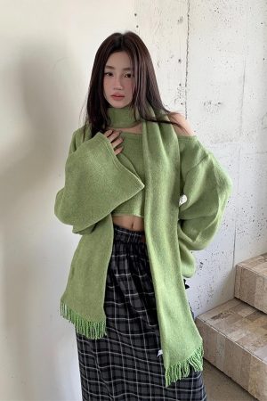 Grass Green Off-Shoulder Cropped Knitted Sweater with Embroidery and Casual Straight Skirt for Women - Y2K Fashion Style