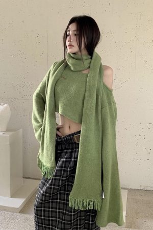 Grass Green Off-Shoulder Cropped Knitted Sweater with Embroidery and Casual Straight Skirt for Women - Y2K Fashion Style