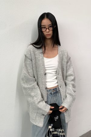Gray Alpaca Loose Fit Cardigan Sweater Coat for Couples - Autumn Winter Fashion Layering Essential