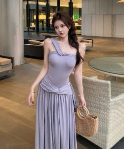 Gray Asymmetrical One-Shoulder Strapless Dress - Waist-Defining Long Dress for Summer, Spicy Girl Style, Perfect for 90s and Y2K Fashion