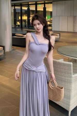 Gray Asymmetrical One-Shoulder Strapless Dress - Waist-Defining Long Dress for Summer, Spicy Girl Style, Perfect for 90s and Y2K Fashion