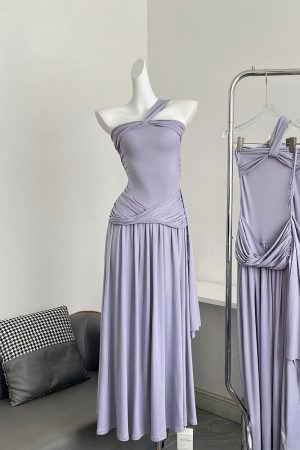 Gray Asymmetrical One-Shoulder Strapless Dress - Waist-Defining Long Dress for Summer, Spicy Girl Style, Perfect for 90s and Y2K Fashion