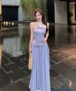Gray Asymmetrical One-Shoulder Strapless Dress - Waist-Defining Long Dress for Summer, Spicy Girl Style, Perfect for 90s and Y2K Fashion