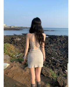 Gray Backless Spaghetti Strap Dress for Women - Slim Fit Bodycon Mini Skirt with Sexy Split - Stylish Summer Fashion
