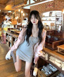 Gray Backless Spaghetti Strap Dress for Women - Slim Fit Bodycon Mini Skirt with Sexy Split - Stylish Summer Fashion