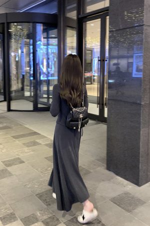 Gray Casual Knitted Two-Piece Set for Women - Slim Fit T-Shirt and Skirt - Spring Fashion Essential